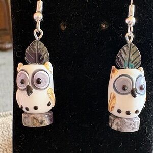 Hand Crafted Owl Earrings with Amethyst and Silver Leaf Accents